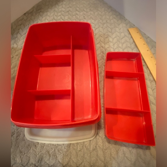 Vintage Tupperware Stow n Go 3 piece rectangle organizer in red and white - Picture 2 of 10